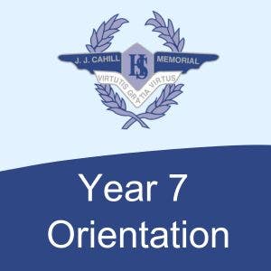 dark and light blue poster for year 7 orientation